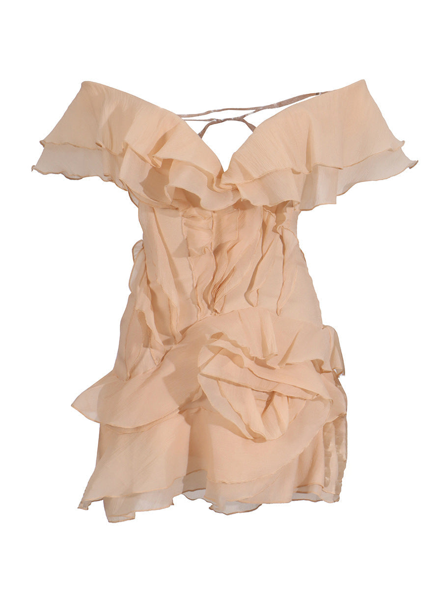 Holiday Wind Shoulder Short Dress 2025 New V Collar Shoulder Lotus Side Flower Dress Female High Sense