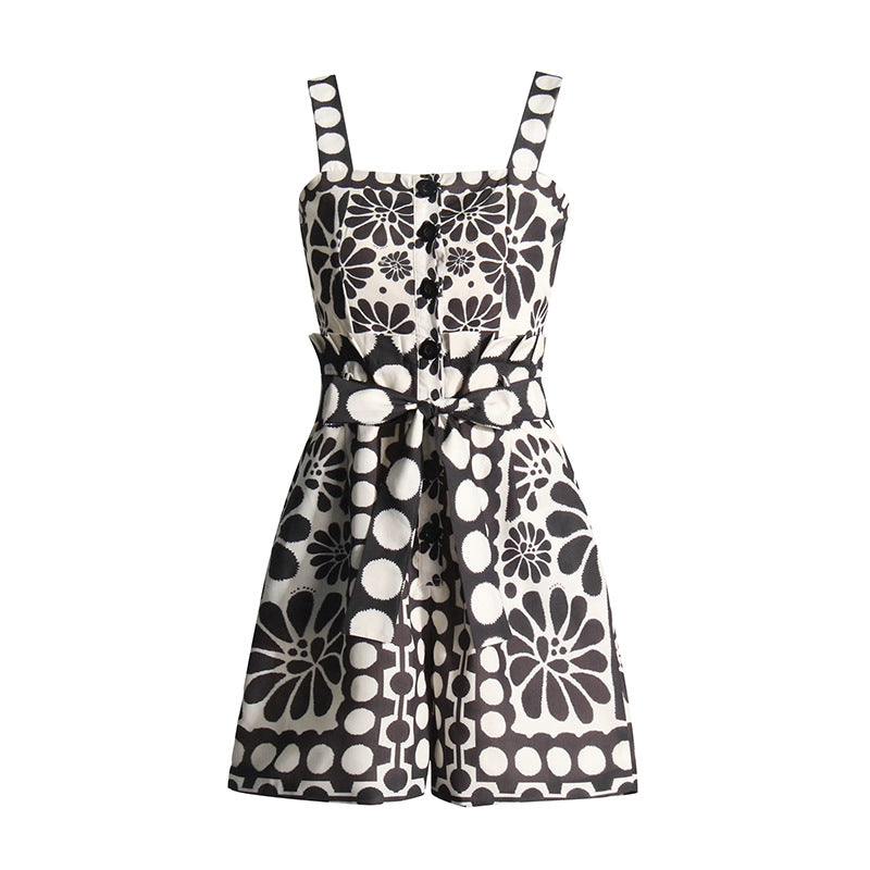 Casual Wind 2025 New Printed Sleeveless Button Tie With Short Broad Leg Jumpsuit Woman