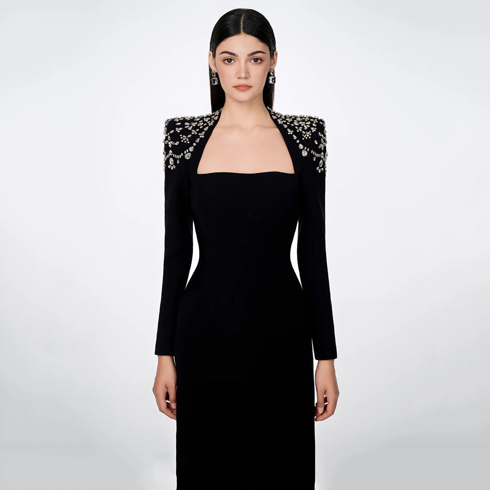 Temperament Square Collared Diamond With Long Sleeve Banded Dress Dress For Party Dinner