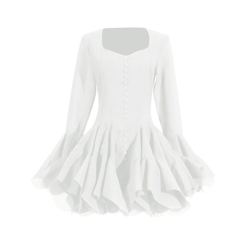 Fairy Dress 2025 New Square Collar Single Buckle Lotus Side Horn Sleeve Short Dress