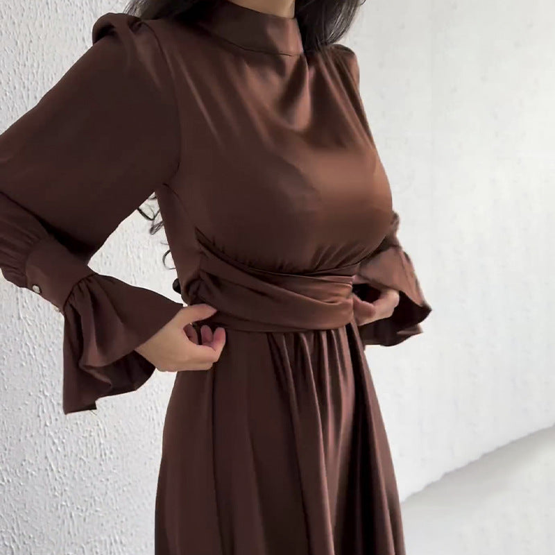 Long-Sleeved Lotus Leaf Cuffed Belt Waist-Repaired Penetted Joint Dress