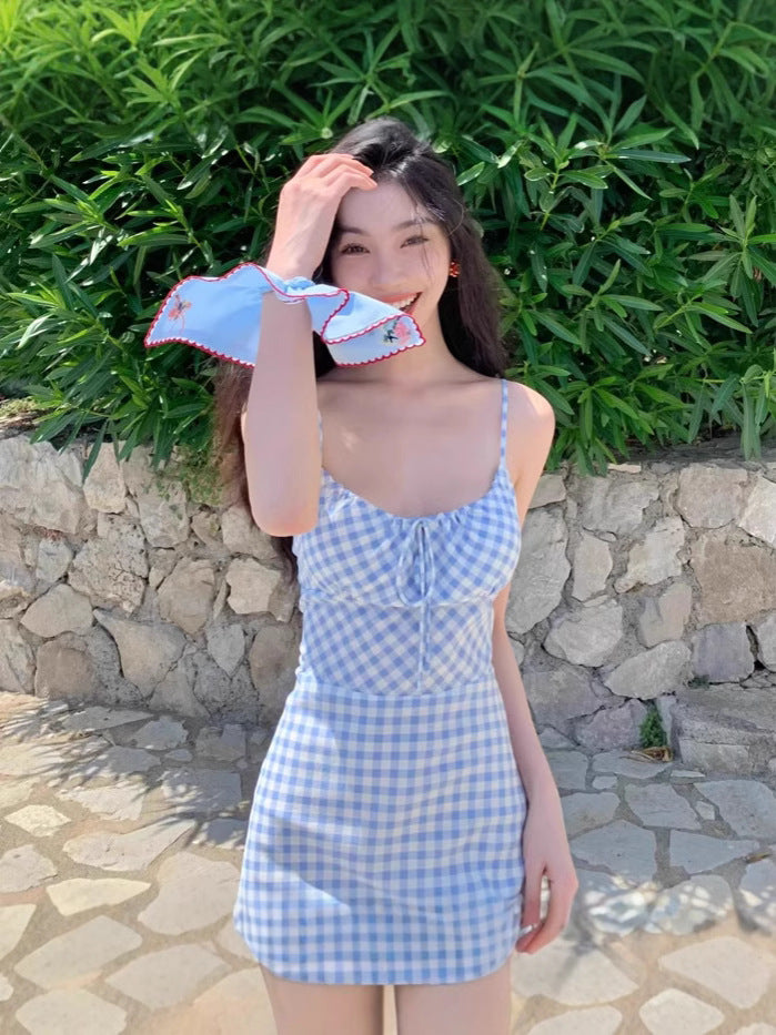 Mengling With A Sweet Blue Checkerge Dress 2025 Retro Square Collar Sexy Body Dress