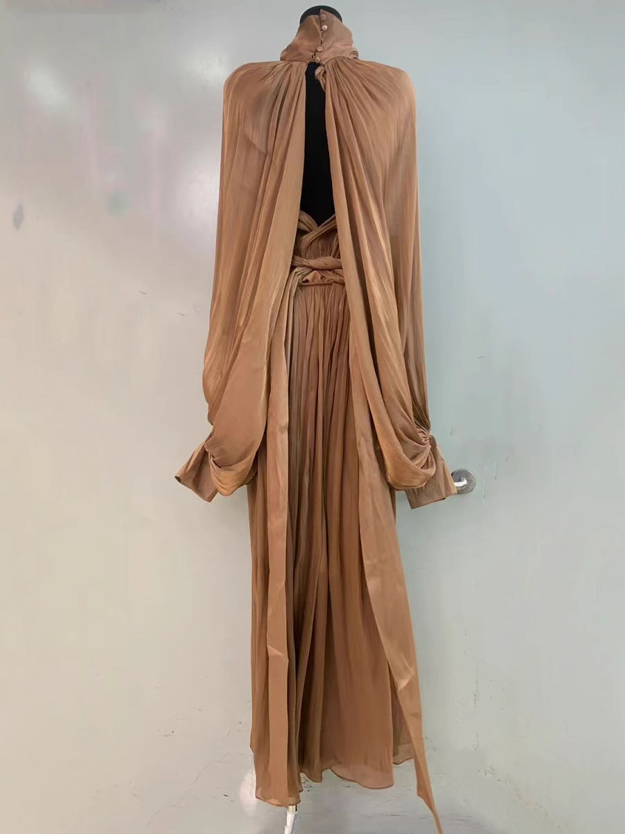 Spring And Summer Design With Lantern Bat Sleeve Fashion Flowing Curry Dress Dress
