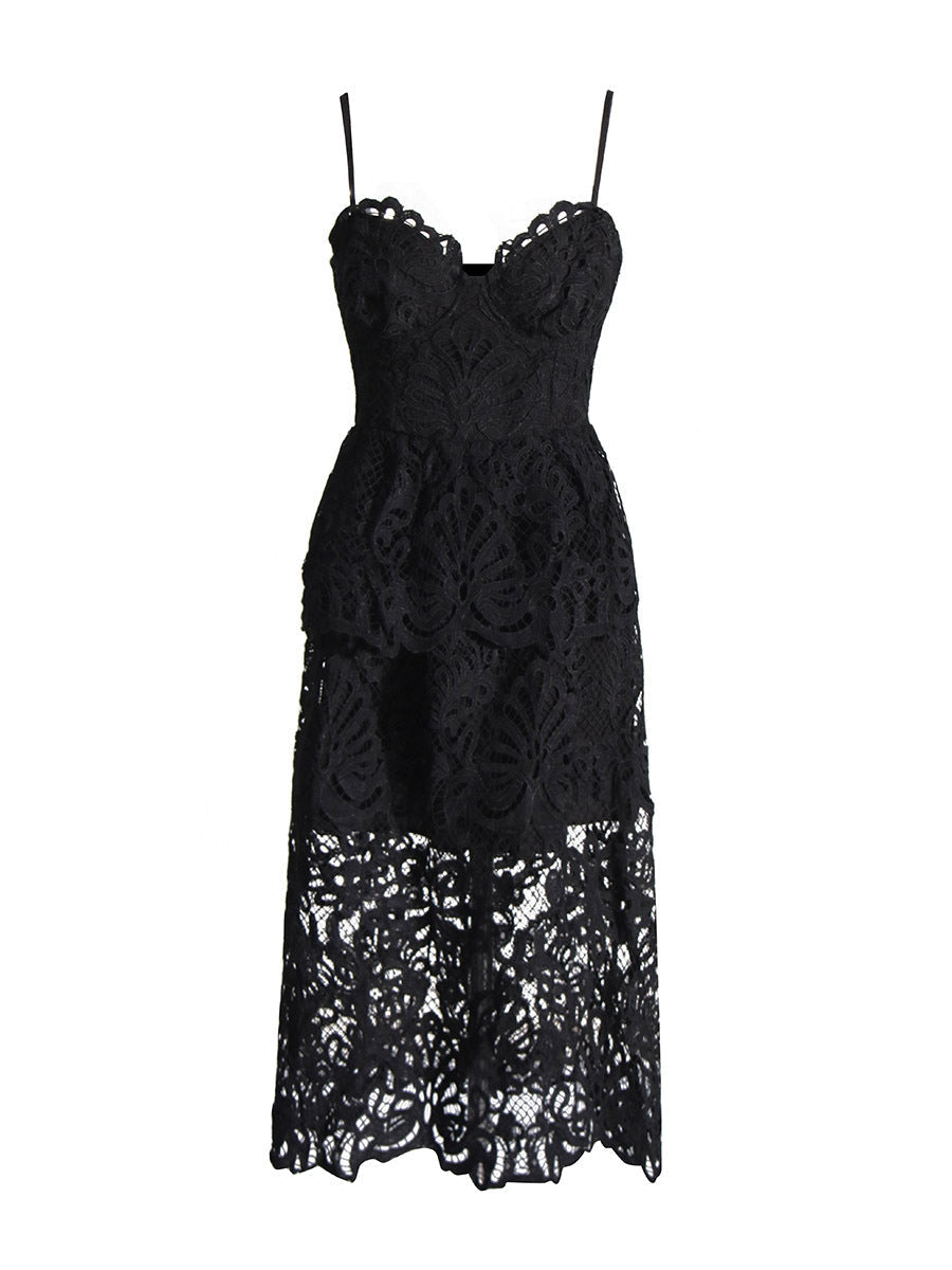 Elegant Wind-Sling Dress 2025 Spring Hollow Embroidered Water-Soluble Flower High-Waisted Bra Dress Female