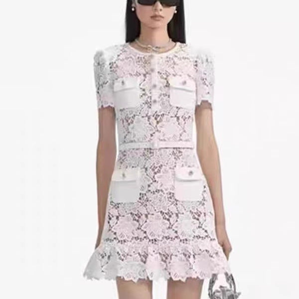 2025 Summer Light Blue Collar Lace Dress Water Diamond Single Buckle Skirt Woman