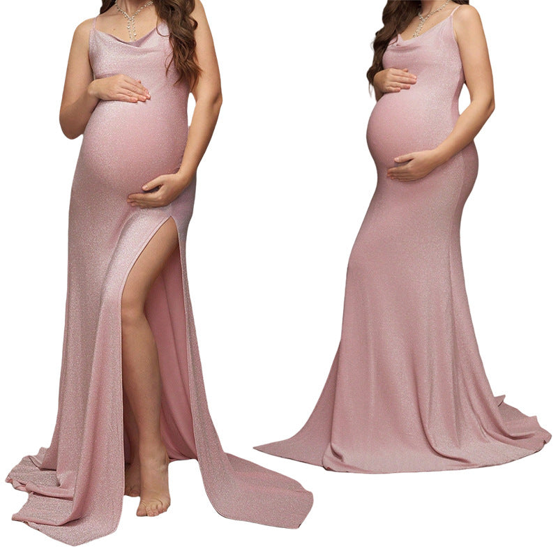Out-To-Shoulder Temperament Evening Dress Photo Drag Sexy Slings High-Opening Buttocks Dress Maternity