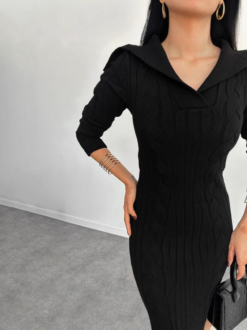 Fashion Knitted Solid Color In Autumn 2024 V-Neck Bag Hip Dress