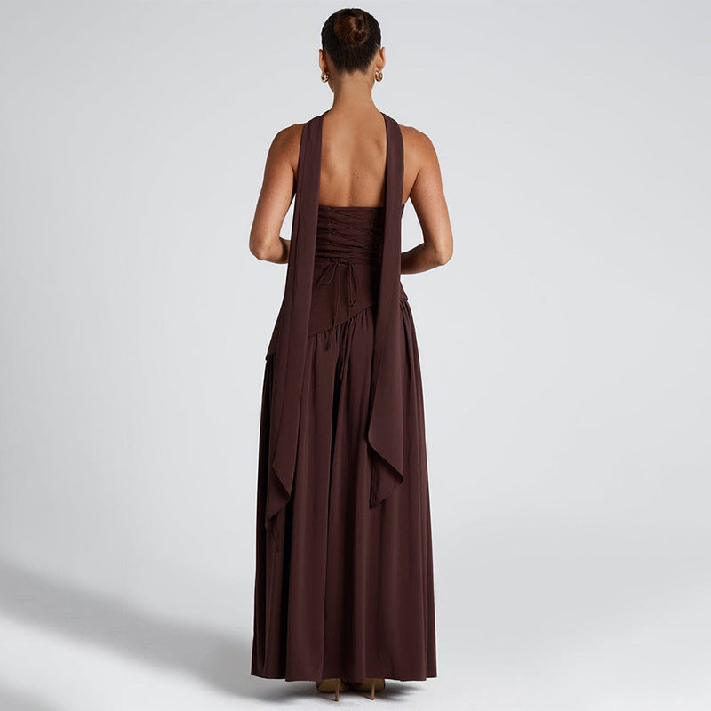 2025 New Solid Color Sleeveless Chest Open-Back Splicing Dress