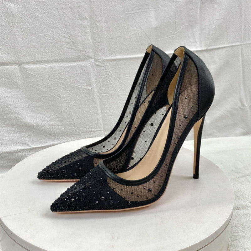 2025 New Breathable Mesh Drill High Heels 12CM Tip Finger Fine Heeled Women's Shoes High Quality Shoes