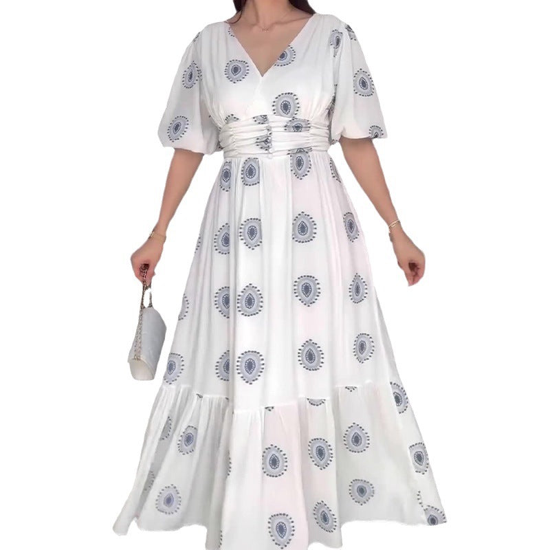 Women's Summer Fashion Vcollar Bubble Sleeve High-Waist Print Splicing Body Dress