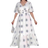 Women's Summer Fashion Vcollar Bubble Sleeve High-Waist Print Splicing Body Dress