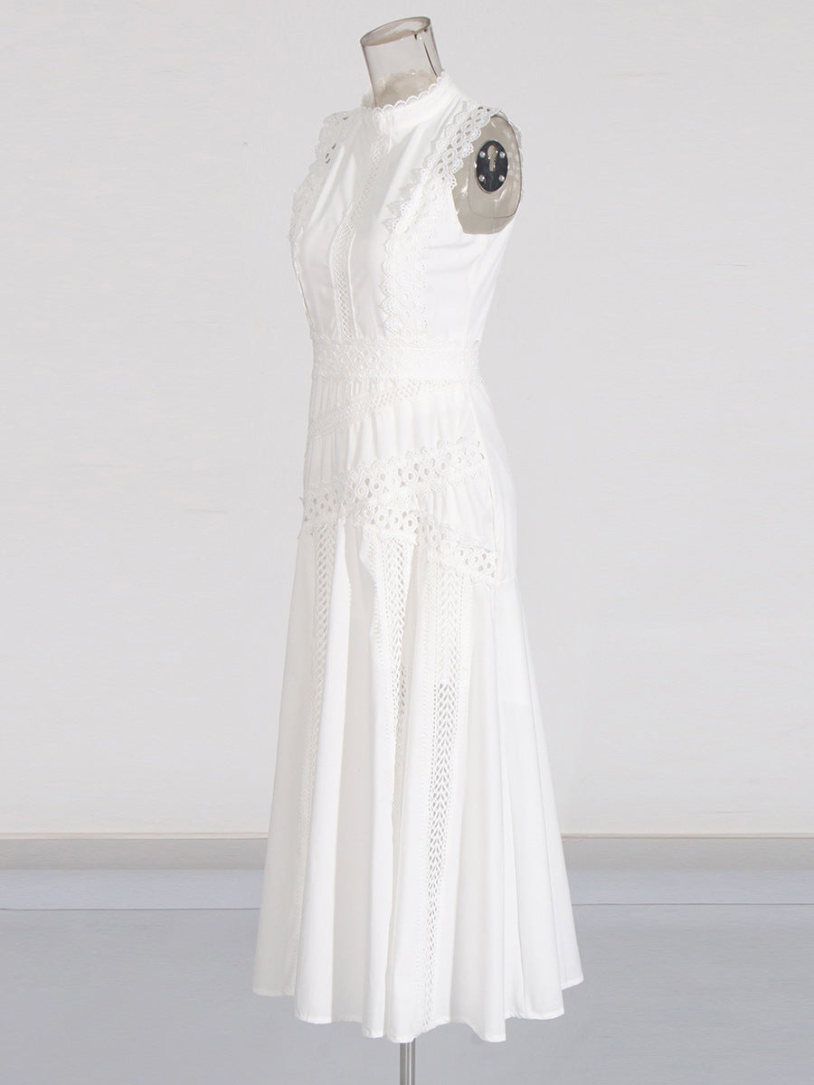 Temperament Lady Style Dress 2025 New Sleeveless Collar Lace Hollow Waist Lotus Leaf Side Gentle Dress Girl