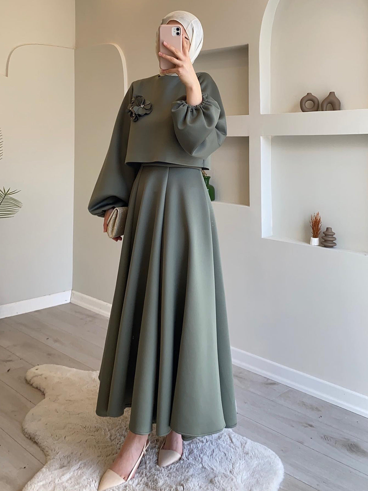 2024 New Middle East Dubai Flower Lantern Sleeve Loose Dress Dress Dress Suit Two Sets