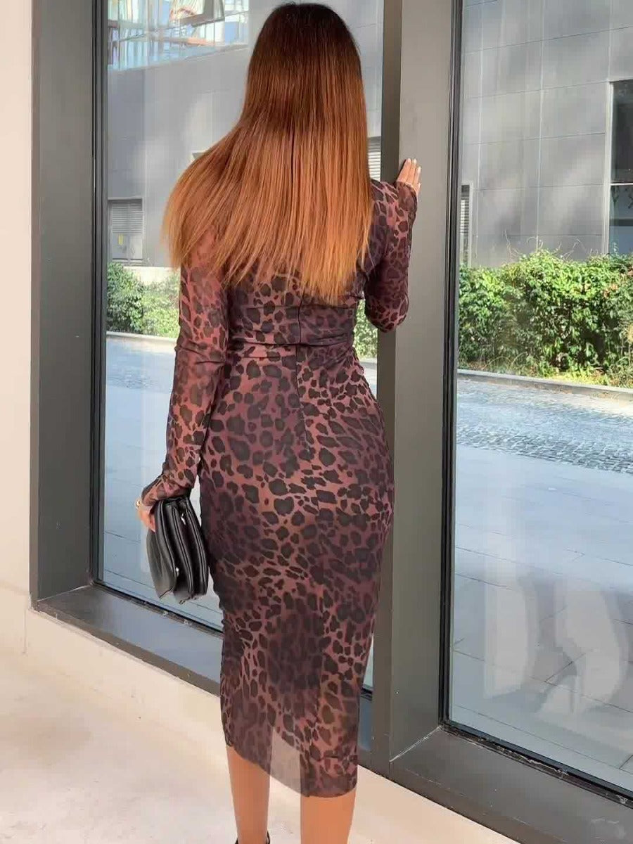 2024 New Temperament Round-Neck Print Leopard Print Mid-Rise Dress Dress Dress Woman