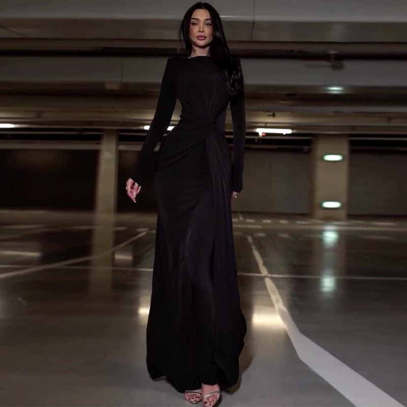 Sexy Fashion Round Collar Folds To The Waist To Repair The Solid Color Temperament Dress