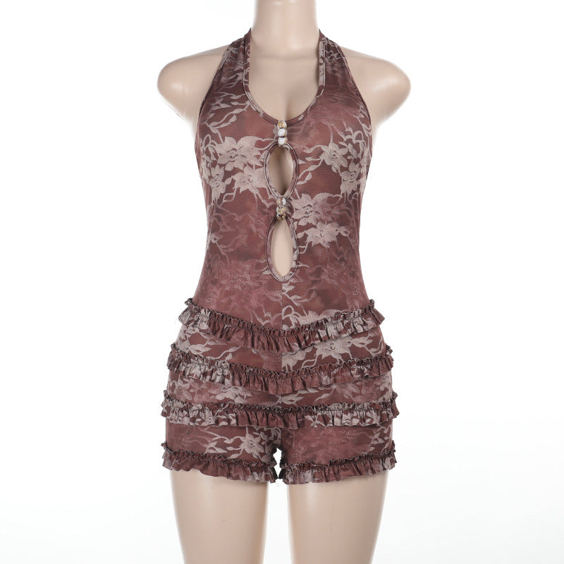 Summer New Panties Sexy Hollow Hanging Neck Jumpsuits In Wooden Ears DJPT