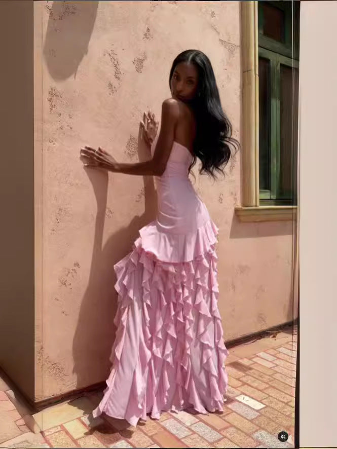 Summer Explosion Sexy Chest Repair Wooden Ear Side Open Temperament Evening Dress Dress Dress DJPT