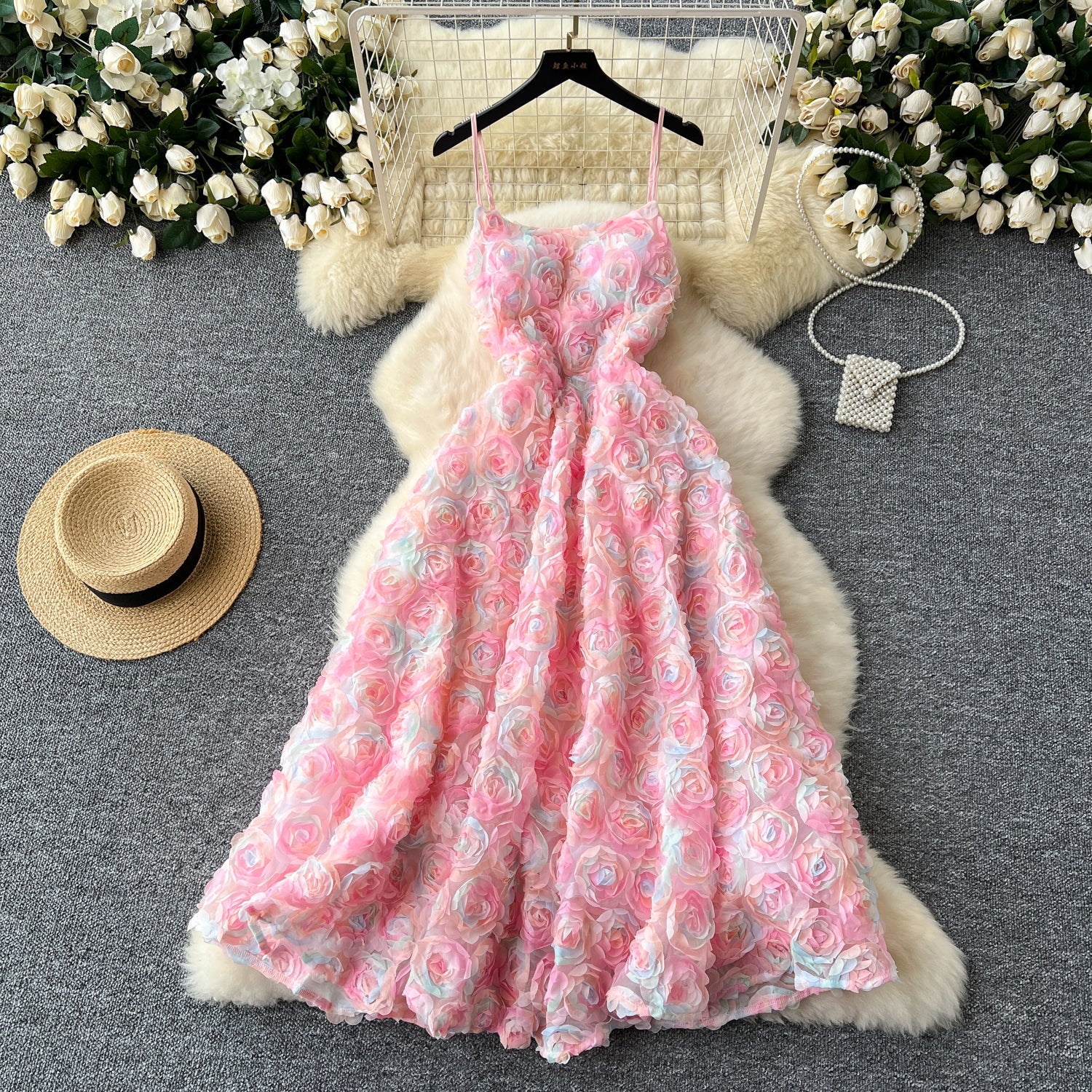 A line Spaghetti Straps Pink Floral Holiday Dresses Midi Length Women's Dress SD1274