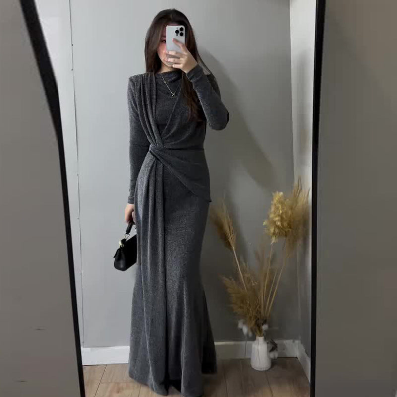 Sexy Fashion Round Collar Folds To The Waist To Repair The Solid Color Temperament Dress