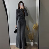 Sexy Fashion Round Collar Folds To The Waist To Repair The Solid Color Temperament Dress