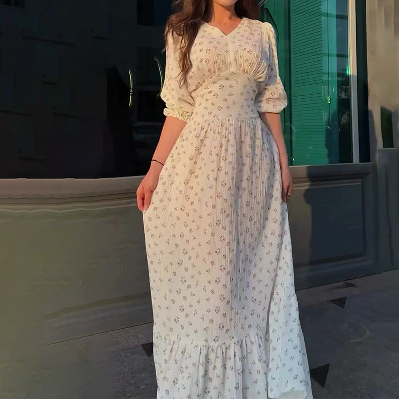 Women's Summer V-Neck Lantern Half-Sleeved High-Waisted Temperament Splicing Dress