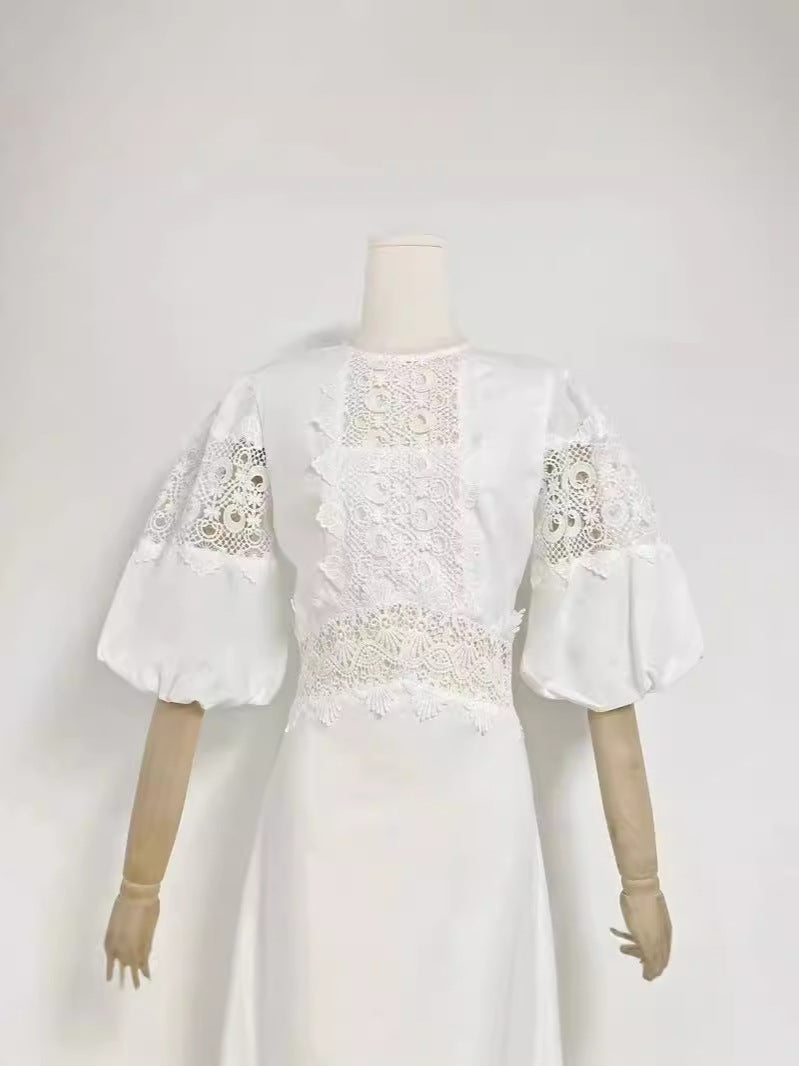 Australian Round Neck Lantern Sleeve Short Sleeve Water-Soluble Lace Splicing Holiday Style Temperament White Dress Dress