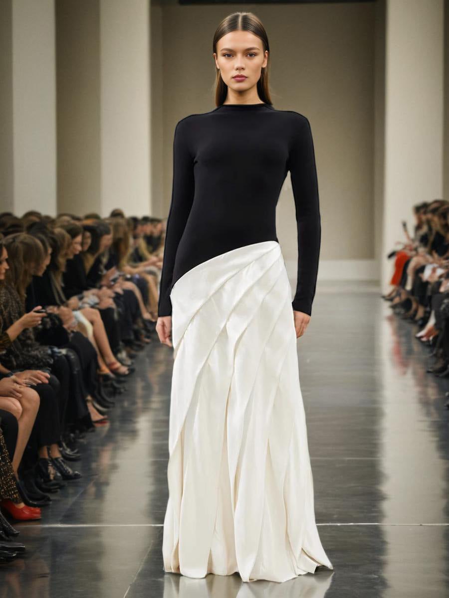 Temperament Long Dress Women's Dress 2025 Spring New Irregularly Pressed Folded Long-Sleeved Thin Dress Woman