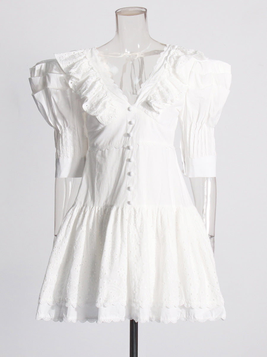 Romantic Court Style 2025 Spring New Fashion V-Necked Sleeve Lace Laminated Short Dress Woman