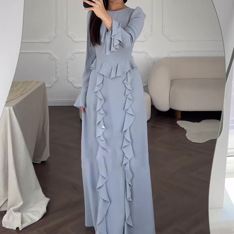 Summer New Splicing Lace Solid-Colored Collar Repair Horn Sleeve Long Skirt
