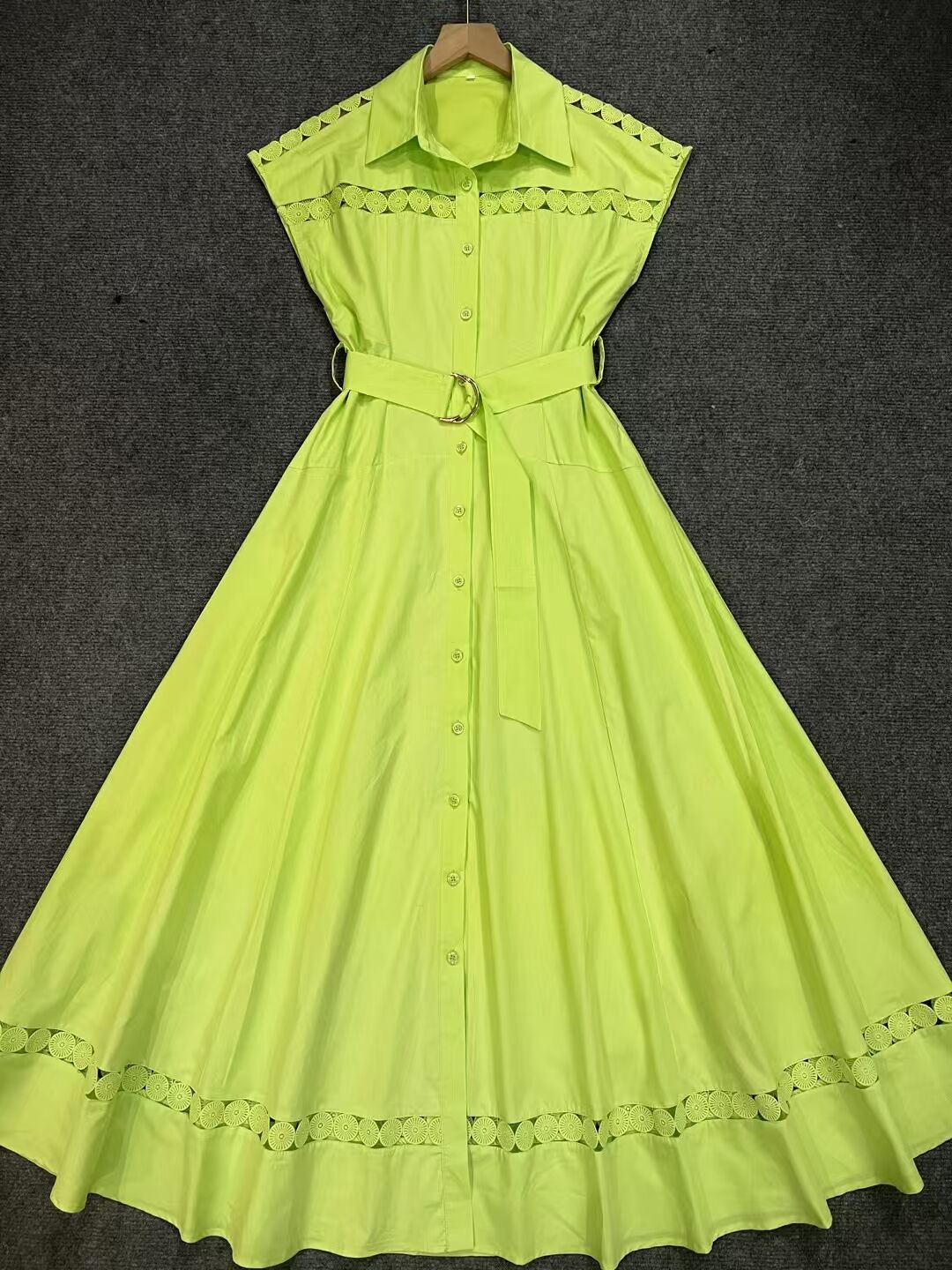 Spring And Summer Holiday Wind Collar Lace Splicing Hollow Belt Shirt Dress Dress