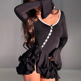 New Hot Horn Sleeves To Close The Waist Short Dress Sexy Hottie Single Buckle Dress Woman HZ0628