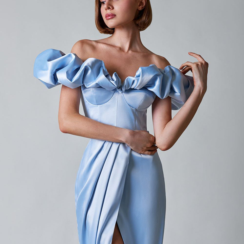 Women's High Open Commuting Dinner Dress A Word Shoulder Dress With Chest Lotus Leaf Side Dress