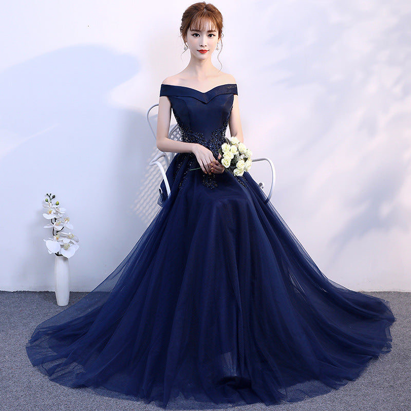 Evening Dress Woman 2025 Summer Temperament Atmospheric Elegant One-Word Shoulder Host Maid Dress Small Thin