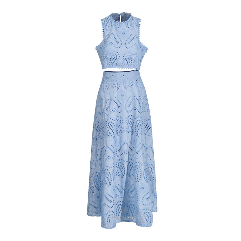 Holiday Wind 2025 New Round Collarless Bare Waist Vest High Waist Half-Dress Embroidered Two Sets Of Women