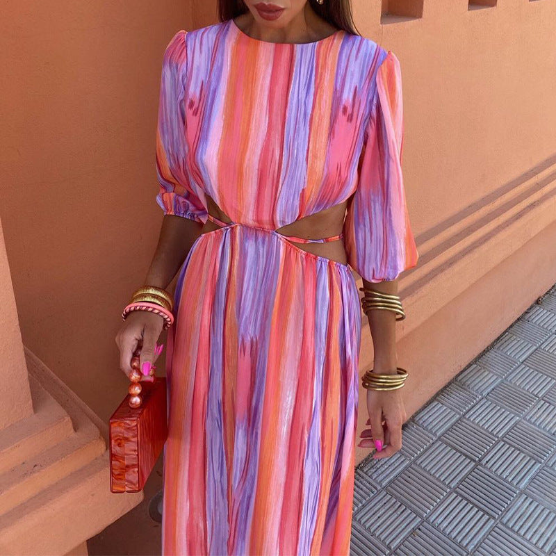 Women's Summer Collar Half-Sleeved Back Strap Sexy High-Waist Tie Dye Dress