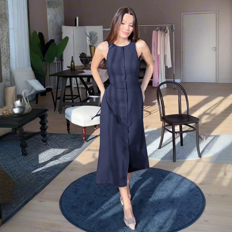 Summer New Women's Sleeveless Button Open Shirt Waist Temperament Fashion Dress