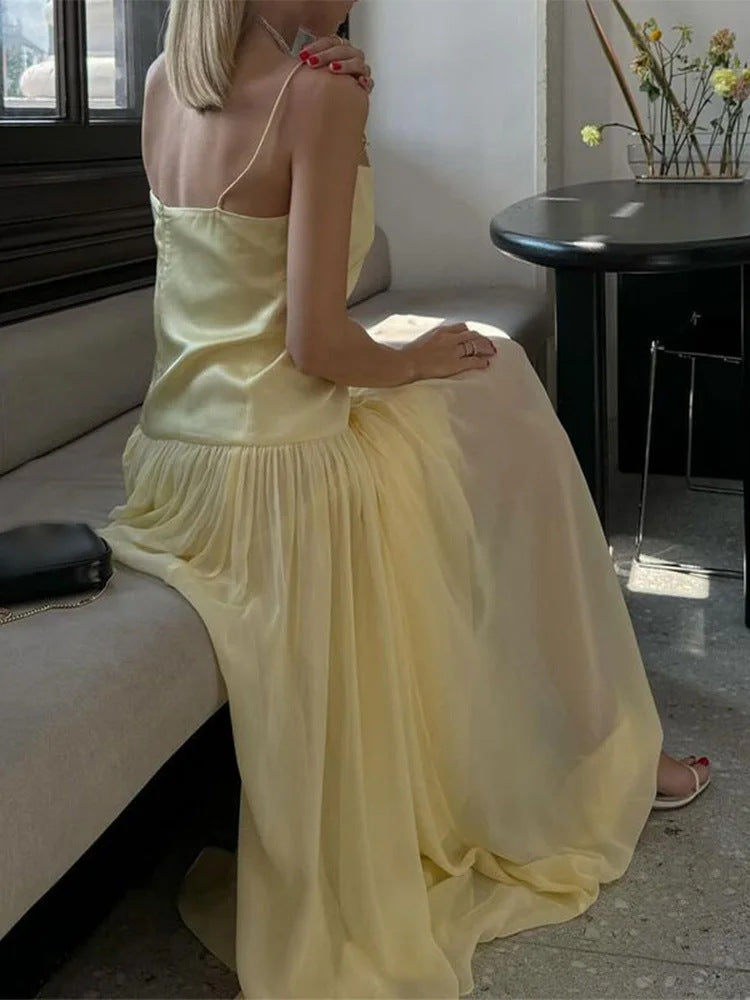 French Sexy Folding Solid-Colored Chiffon Dress In Summer 2024