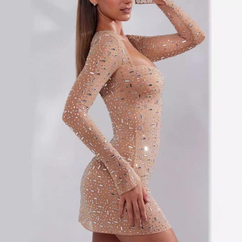 High-End Light Luxury Niche Banquet Birthday Sexy Dress Nude Sparkling Slit Collar Dress Short