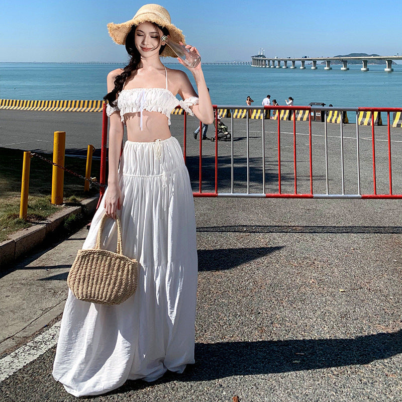 Holiday Hottie Suit Woman Summer Shoulder Tsets High Waist Half-Body Dress White Sexy Two-Piece