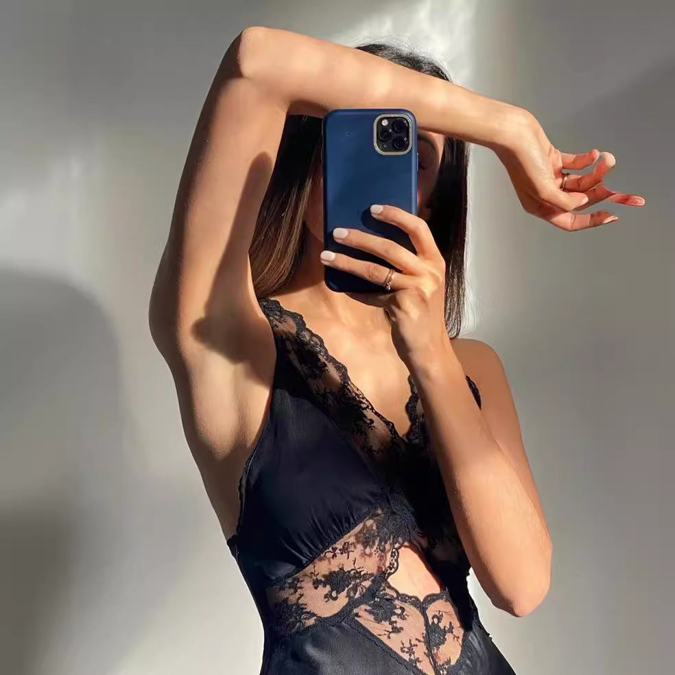 Lazy French Holiday Long Lace Dress Sexy Pure Hot Girl Show Back V-Neck Dress Girl
