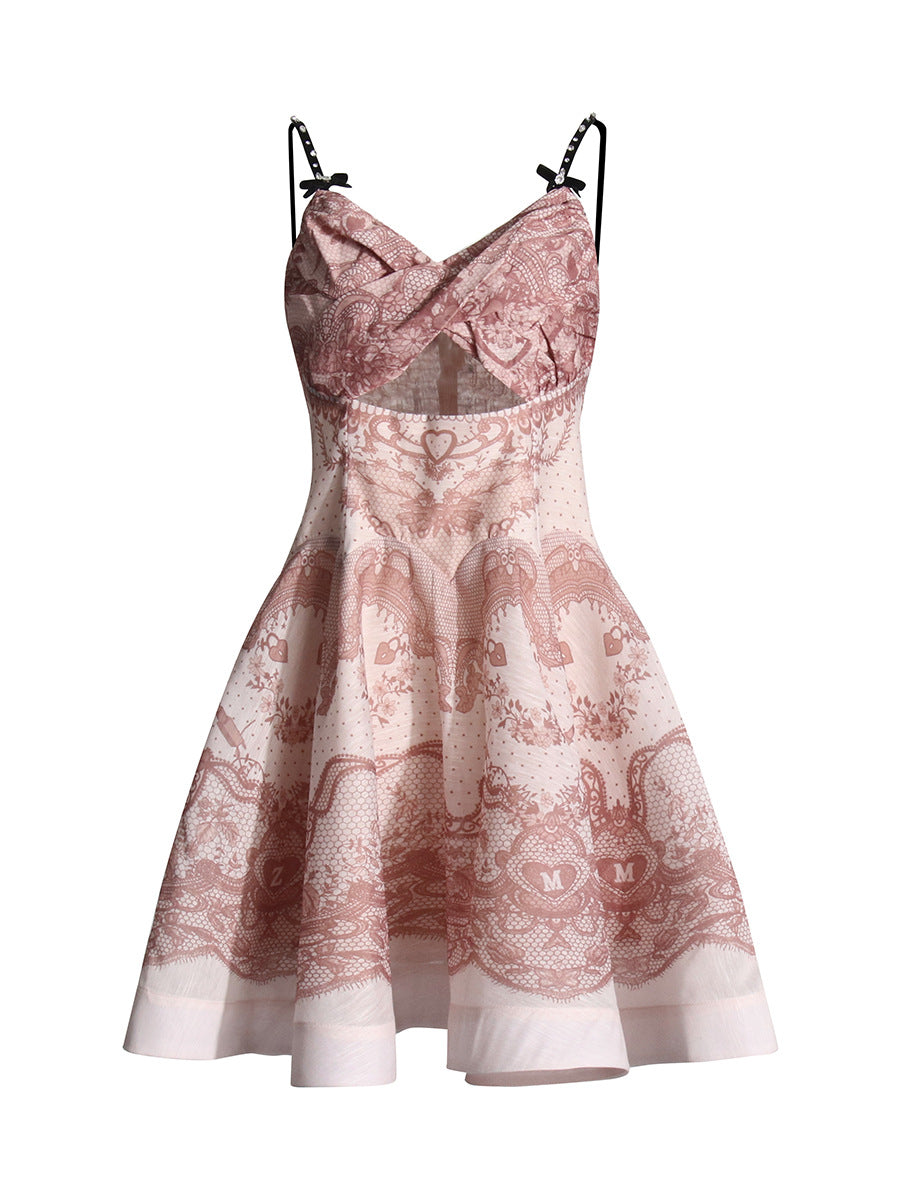 Women's Dress 2025 Spring New Women's Dress Slings Breasts Printed Waist Lotus Leaf Side Short Skirt