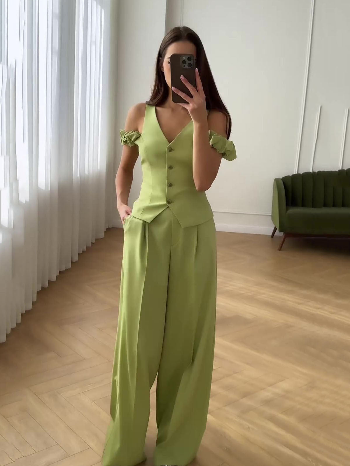 2024 Women's Commuting High-Waist Trend Solid Color Short-Sleeved Leisure Two Sets Of Women