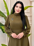 Muslim Solid-Colored Belt-Lending Dress Woman In Autumn 2024