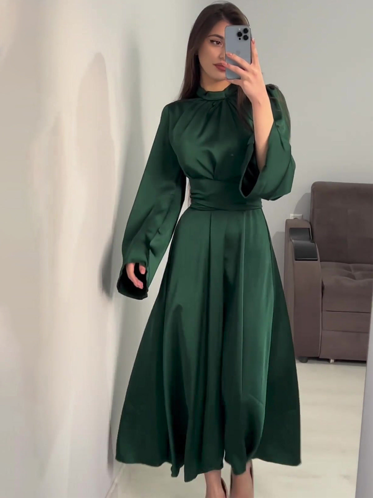 2025 New Waist Display Thin Strap Solid Color Long Sleeve Dress Design Dress Dress Dress Woman