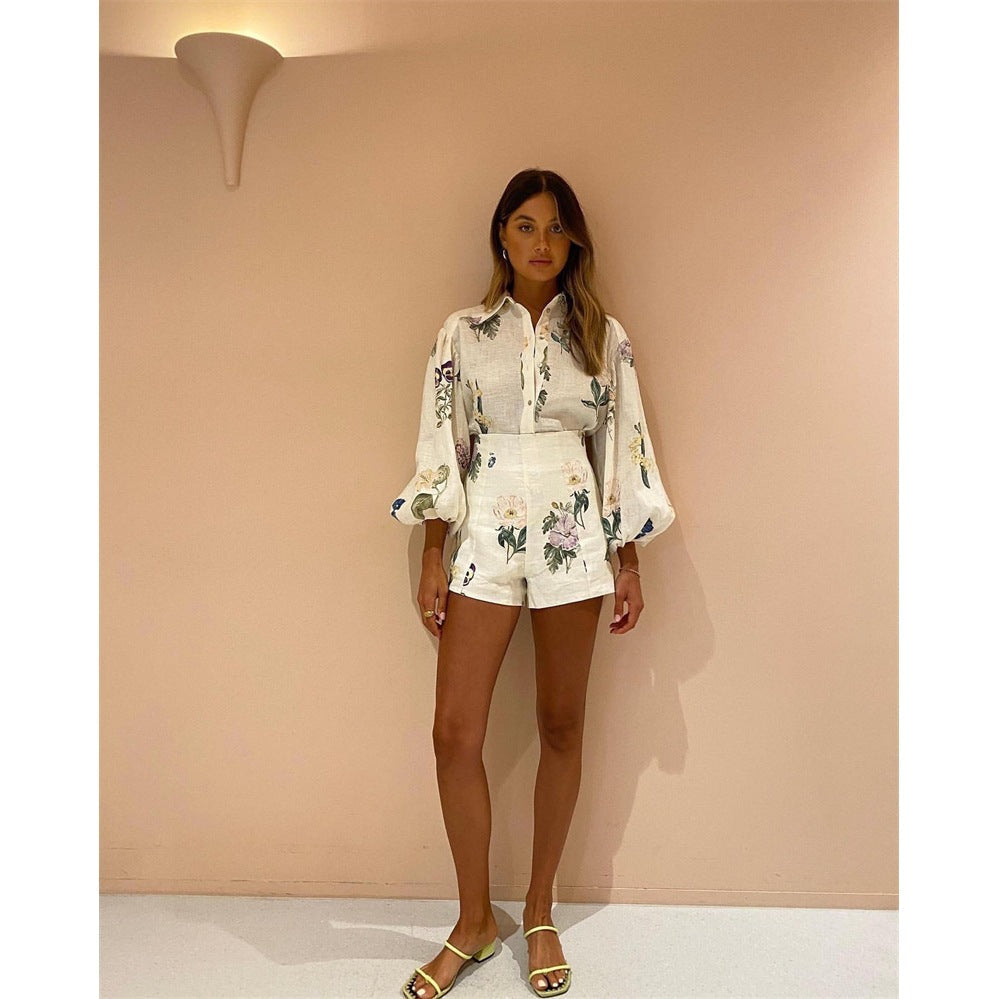 Autumn Australian Fashion Brand Elegant Fresh Floral Femininity Commuting Long-Sleeved Shirt Top High-Waist Shorts Set