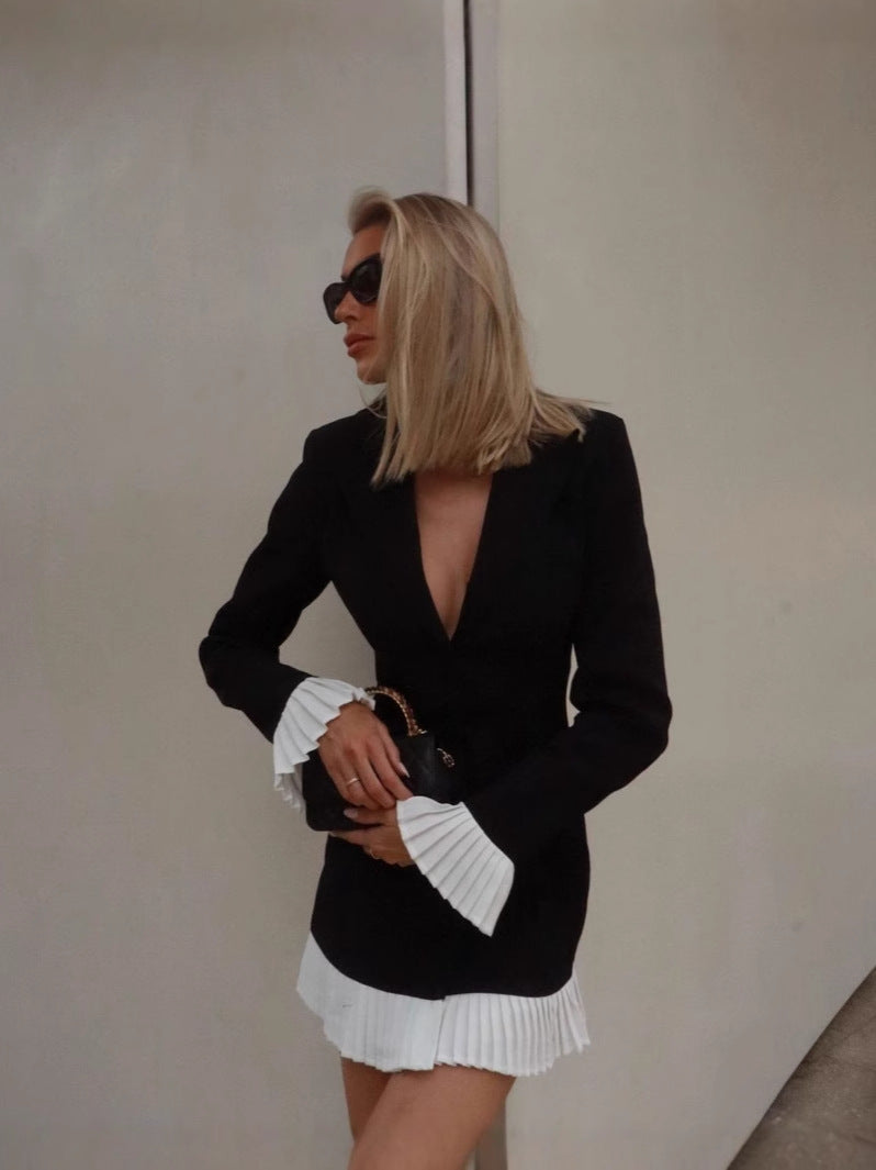 Spring And Summer Waist Black And White Bump Color Pressure Folding Folding Temperament Suit Dress Short Dress LX0115