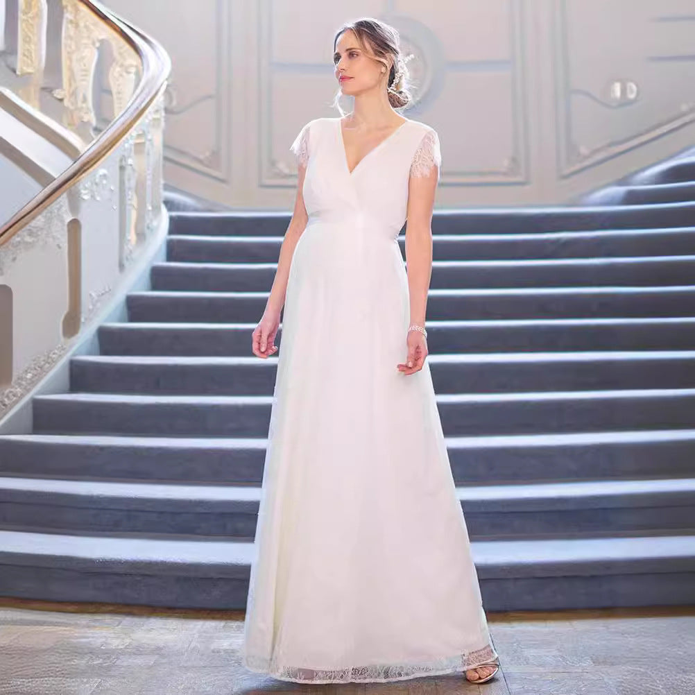 Women's Lace Pregnant Women's Lotus Leaf Side Short-Sleeved Dress Photography Flying Sleeve Dress 1108 Maternity