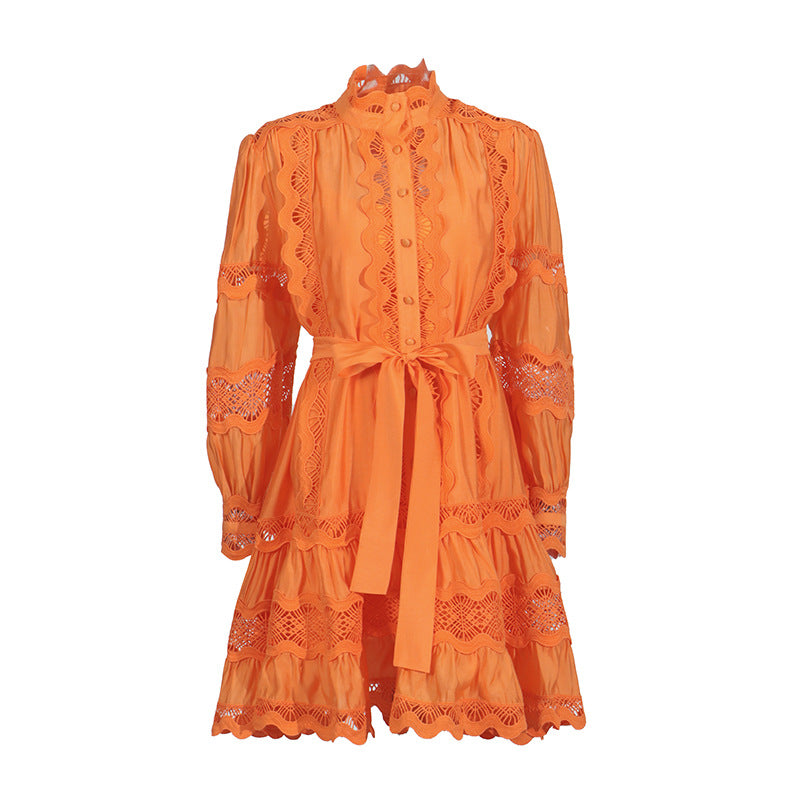 Elegant Court Style 2025 Summer New Collar Lace Embroidery Strap Lotus Side Lantern Sleeve Dress