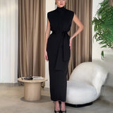 Fashion Temperament Round-Neck Sleeveless Zipper Repair Waist Open Dress