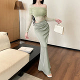Shoulder Mesh Splicing Sexy Long-Sleeved Dress Woman 2025 Spring And Summer New Pure Lust Style Dress DJPT